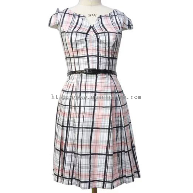 Letní kostkované šaty s krátkým rukávem, elegantní šaty s páskem
