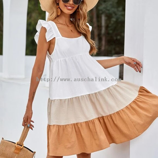 여름 새로운 스퀘어 칼라 프릴 장식 컬러 블록 블라우스 코튼 캐주얼 드레스 여성