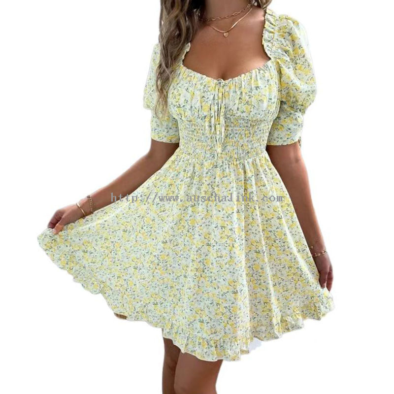 Summer Bubble Sleeve Floral Dress Woman