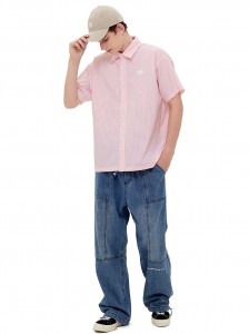 Pink Striped Casual Shirt Loose Polo Top