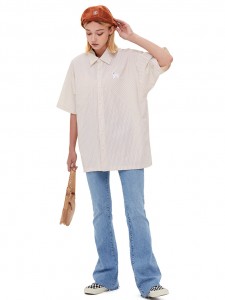 Khaki spalvos dryžuoti laisvalaikio marškinėliai, medvilniniai polo viršus
