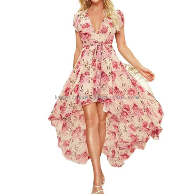 Deep V Pleated Belted Asymmetrical Floral Dress Mata