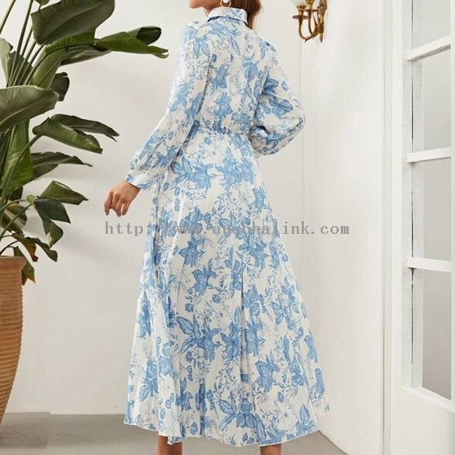 Лежерен фустан за жени со плисирана кошула со лампи со висок струк есен 2021 година