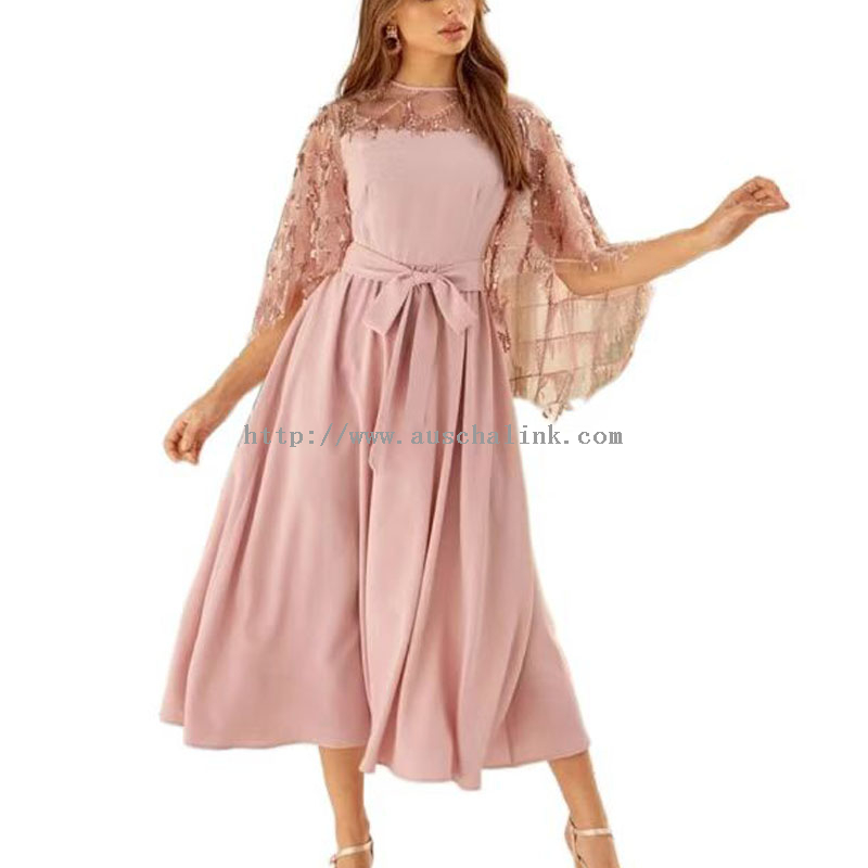 فستان ميدي شيفون أنيق مقاس كبير مع خياطة بالترتر الوردي