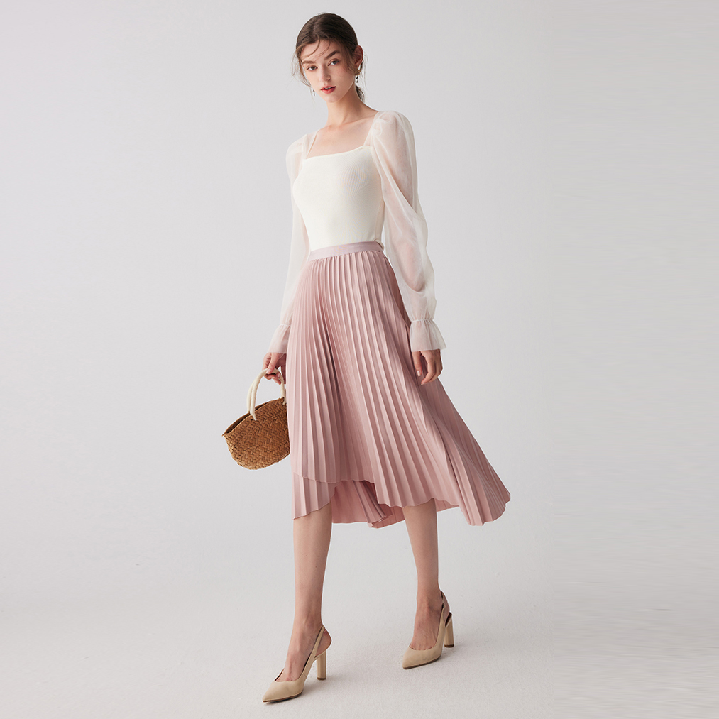 රෝස අලංකාර ප්ලීටඩ් A-Line Skirt High Waist