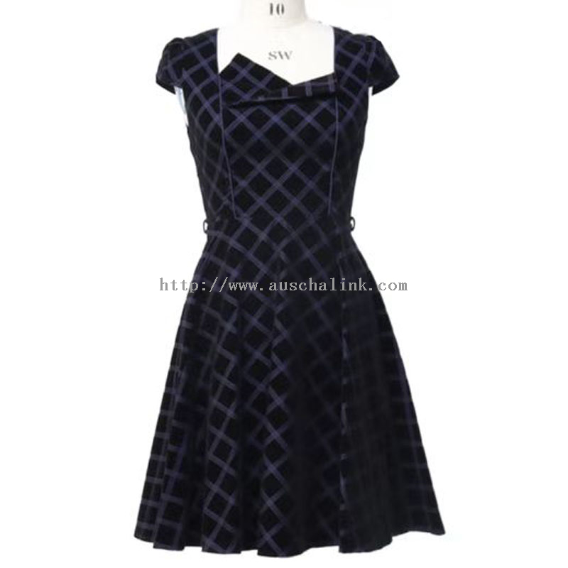 Темно-синее элегантное клетчатое платье с квадратным воротником и принтом