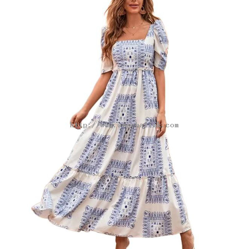 Printing Square Collar Blue Midi Dress Woman