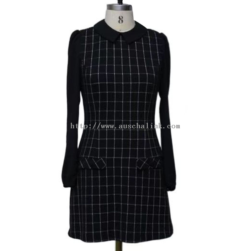 အနက်ရောင် Checkered Patchwork Chiffon Career Dress