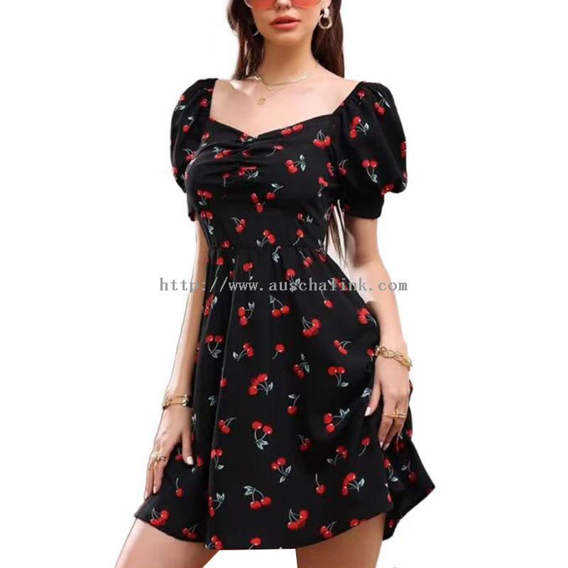 Full Body Cherry Sweet Collar Bubble Sleeve Flared Dress