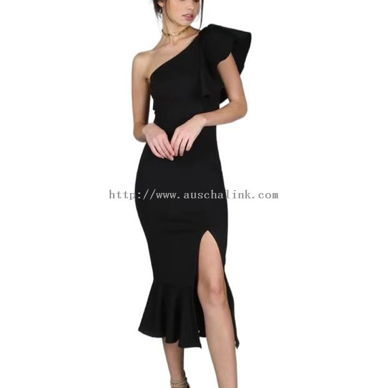 Black Midi Single Shoulder Slit Flounces Sexy Evening Dress Women