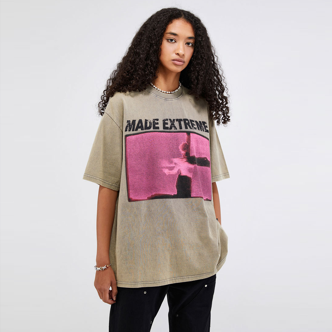 T-shirt ampia lavata con stampa Street Retro Rock personalizzata