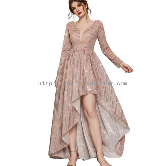 Pink Sequin Elegant Sleeve dirêj V-Neck Irregular Dress