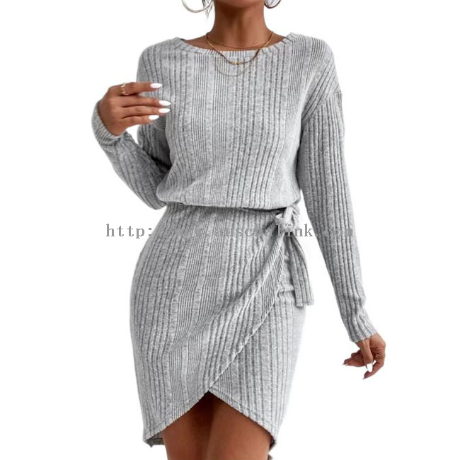 Gray Knitted Pleated Waistband Casual Dress Winter