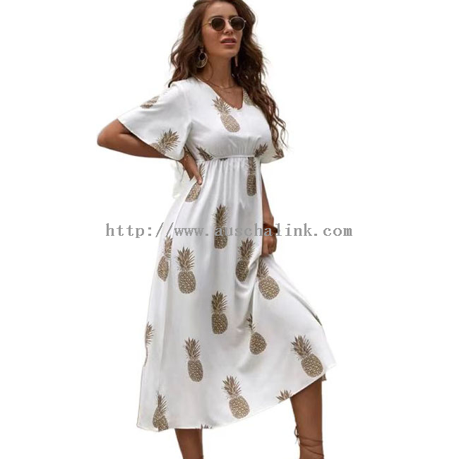Hoge taille Pineapple Printed Butterfly Sleeve Flared Hem V-hals Casual Dress