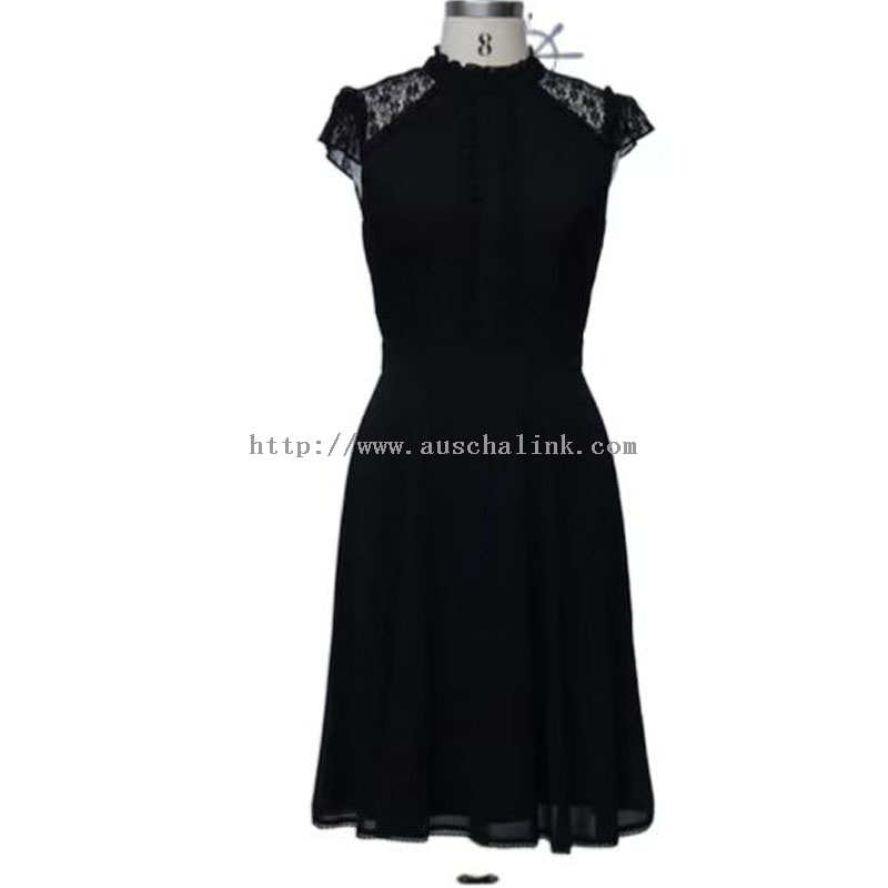 Crna čipkasta ležerna radna haljina s visokim izrezom
