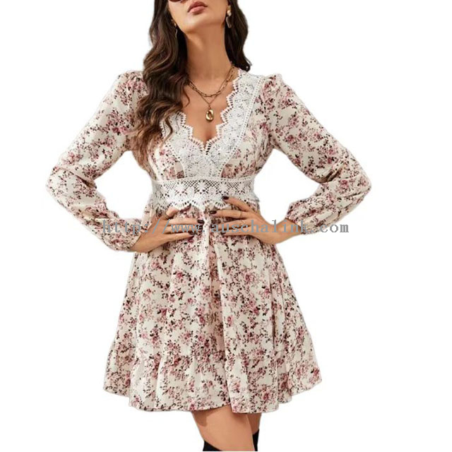 OEM/ODM High waist V-neck Ditsy Floral Print Lace Insert Lantern Sleeve casual Dress කාන්තාවන් සඳහා