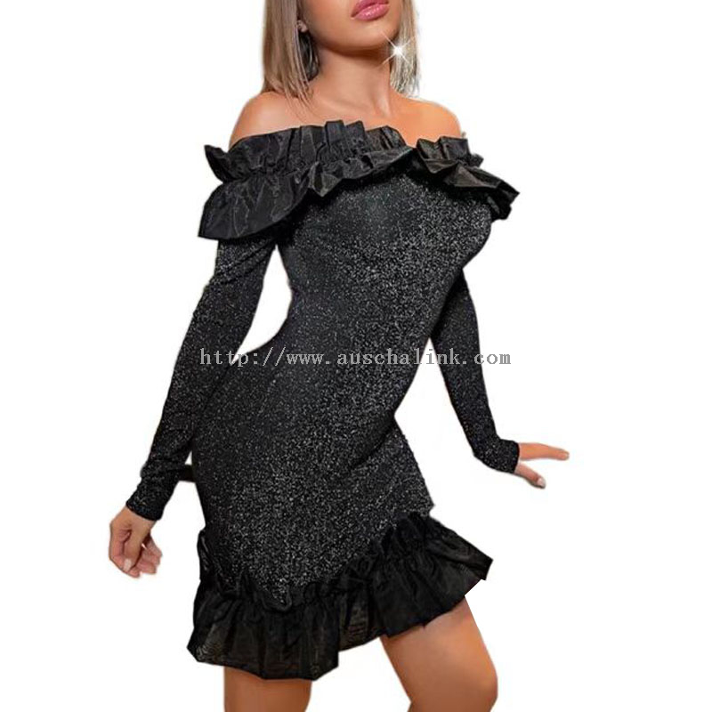 Black Off Shoulder Flounces Sequins Tight Party Dress