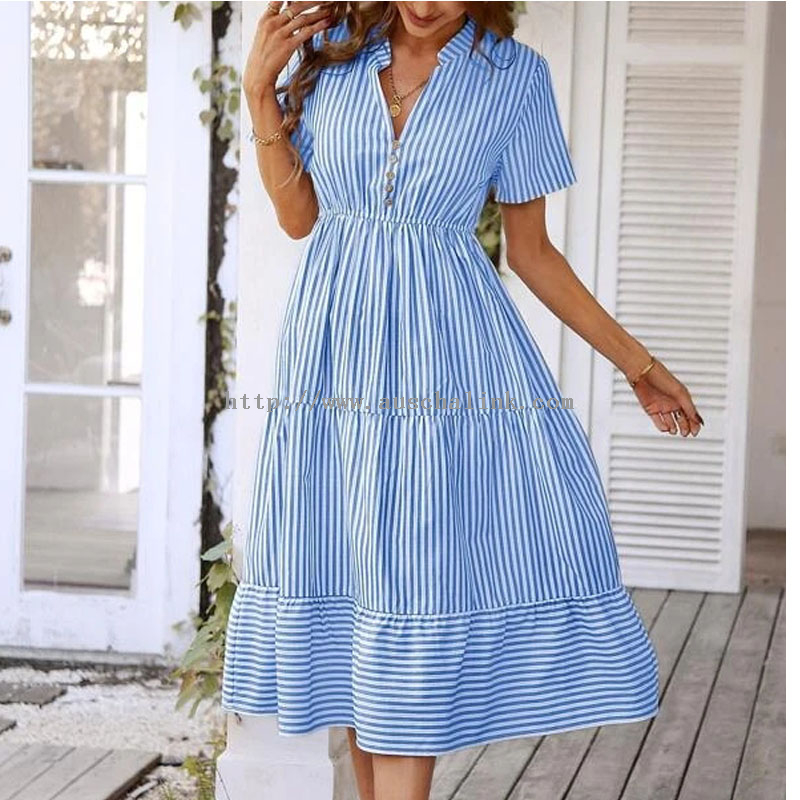 Blau gestreiftes großes Swing-Kleid mit V-Ausschnitt für Damen