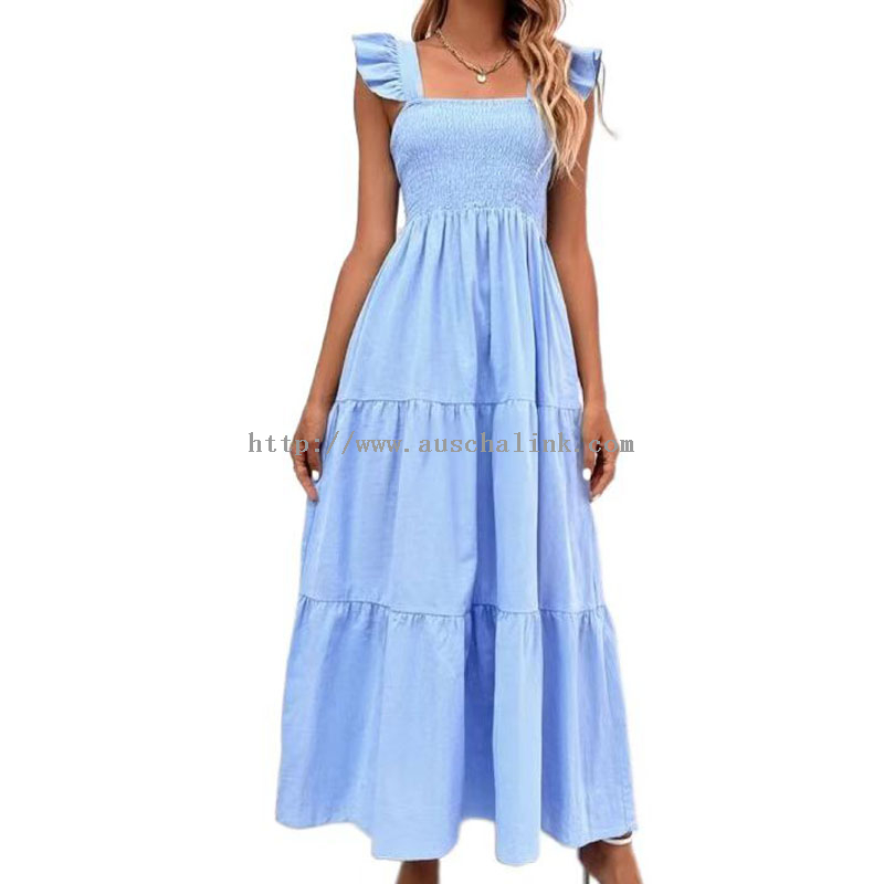 I-Blue Square Neck Cotton Elegant Midi Dress