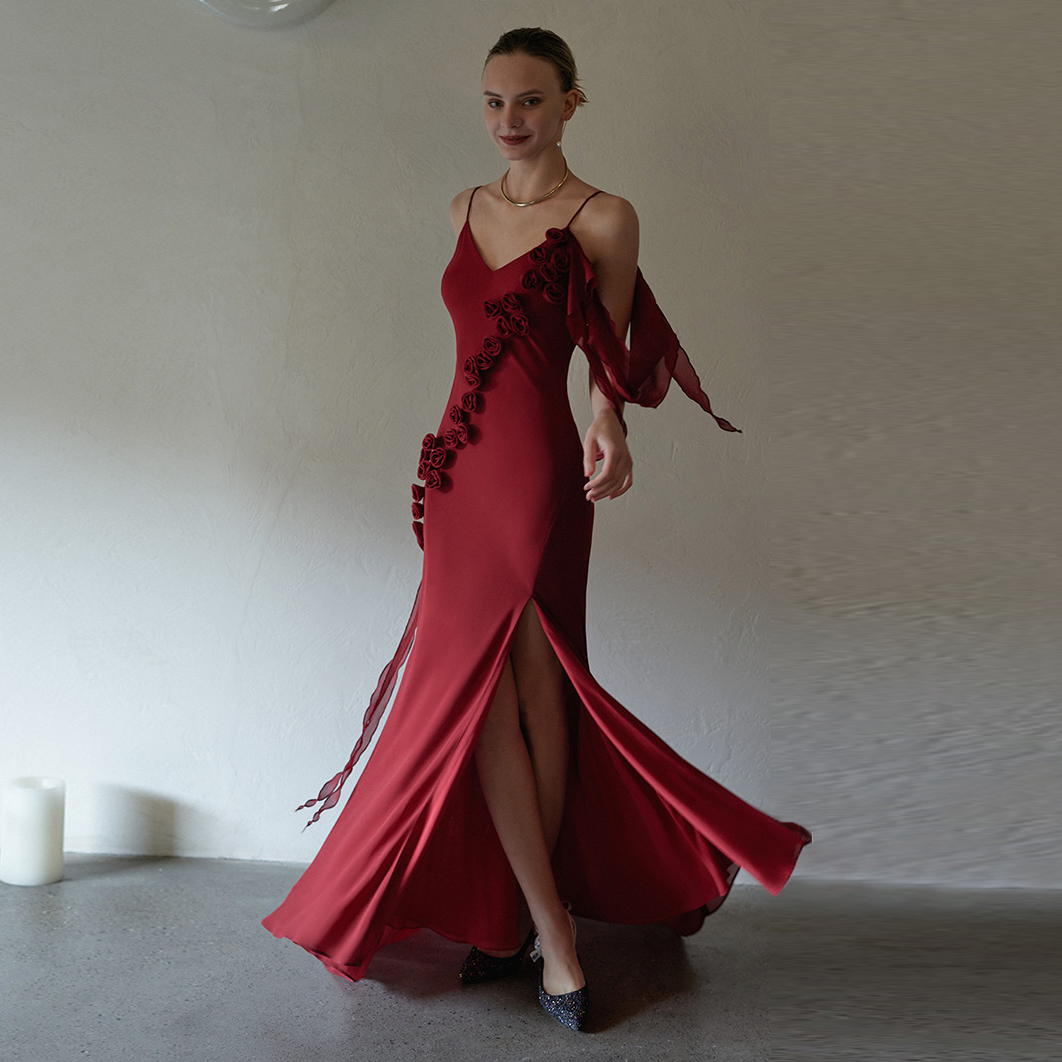Punainen 3D kukkariimu morsiusneito pitkä mekko