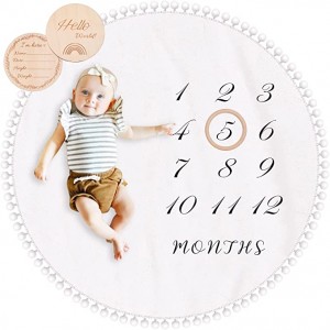 Baby Milestone Μηνιαία κουβέρτα με κάρτες Milestone Διπλής Όψης και Στρογγυλό Δαχτυλίδι Ματ Παιχνιδιού Μεγάλο (43,3″ X43,3′) Διπλής Όψης Μπαλάκι Πομ Πομ Στρογγυλό χαλί παχύ φανελένιο για αγόρι, σκηνικά φωτογραφίας μωρών