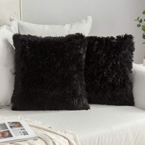 Pack of 2 Luxury Faux Fur Fluffy Throw Pillow Covers Set Soft Deluxe Decorative Plush Fleece Pillowcases for Cushion Couch Sofa Bedroom Home 16 x 16 Inch Black