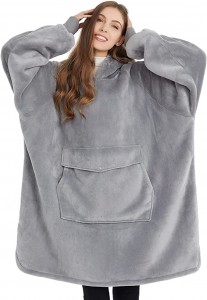 Suéter de cobertor usável para mulheres e homens, moletom de lã sherpa grande com bolso gigante