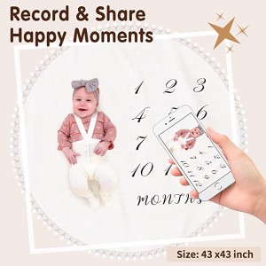 Manta mensual para bebé Milestone con tarxetas de fito de dobre cara e alfombra de xogo con anel circular grande (43,3 "x 43,3") Alfombra redonda de franela gruesa con pompón de dobre cara para nena nena, accesorios de fotografía de bebé