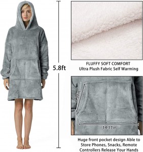 Nadrozmerná flanelová deka s dlhými rukávmi, nositeľná a pohodlná s veľkým predným vreckom, Sherpa Fleece podšívkou pre dospelých, tínedžerov a deti Jedna veľkosť pre všetkých (sivá)