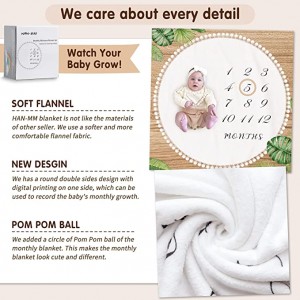 Baby Milestone Monthly Blanket na may Double-Sided Milestone Card at Circle Ring Play Mat Malaki(43.3″ X43.3′) Double Sided Pom Pom Ball Thick Flannel Round Rug para sa Boy Girl, Baby Photography Props