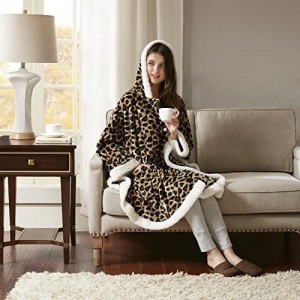 Plush to Sherpa Pocket Hooded Angel Wrap Ultra Soft Wearable Poncho Blanket Throw, 58″x72″, Leopard