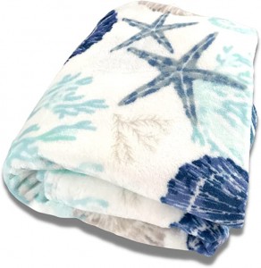 Decorative Ocean Life Coastal Throw Blanket: Soft Plush Velvet Fleece Calming Hues of Blues Beige on White, Accent for Sofa Couch Chair Bed or Dorm (Coastal Shells)