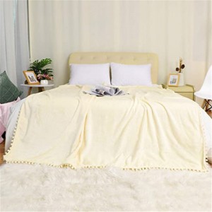 Cobertor de lã de flanela tamanho completo com franja de pompom, lance de sofá de microfibra macia, cobertores decorativos leves de pelúcia felpudos para cadeira de sofá-cama