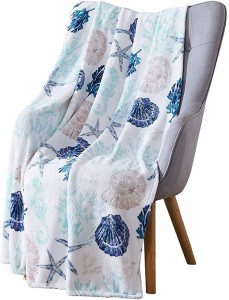 Decorative Ocean Life Coastal Throw Blanket: Soft Plush Velvet Fleece Calming Hues of Blues Beige on White, Accent for Sofa Couch Chair Bed or Dorm (Coastal Shells)