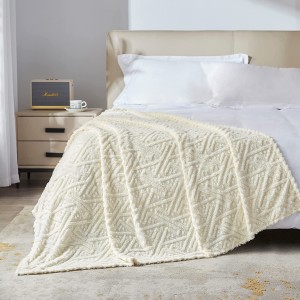 Jacquard fleece tæppe (50"x60", beige) til sovesofa og sofa, bløde sherpa fuzzy tæpper kastestørrelse, hyggelige fluffy plys plader til alle årstider
