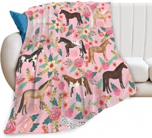 Horse Blanket Gift for Girls Women Cute Animal Horses Flowers Fleece Flannel Throw Blankets Soft Lightweight Plush Pink Blanket for Horse Lovers Decor Bed Sofa