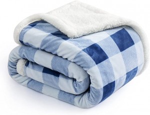 ភួយក្រាស់ធំ Sherpa Throw Blanket (ពណ៌ខៀវ និងស 50"x70") - ភួយមីក្រូហ្វាយបឺរដែលមានទំហំធំទូលាយសម្រាប់សាឡុង សាឡុង កៅអី គ្រែ