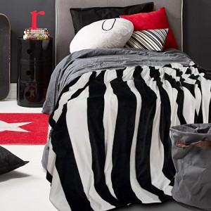 플란넬 트윈 담요, 슈퍼 소프트, 흑백 줄무늬 인쇄 침대 담요, 68 x 90인치