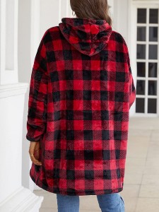 Übergroßes Decken-Sweatshirt, tragbare Decke, superweiche, warme, übergroße Fleece-Hoodie-Decke mit großer Vordertasche für Erwachsene, Männer, Frauen, Teenager, schwarz-rotes Gitter
