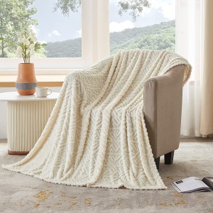 Jacquard Fleece Throw Blanket (50”x60”, Beige) សម្រាប់គ្រែសាឡុង និងសាឡុង, ភួយទន់ Sherpa Fuzzy Throw Blanket, Cozy Fluffy Plush Throws for All Seasons using