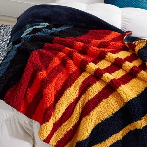 Premium vendbart sherpa-fleece-flanelltæppe Navy Throw-størrelse Farverigt stribet sengetæppe Superblødt og hyggeligt Berber-fleecetæppe til hele sæsonen
