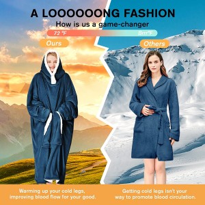 ເສື້ອຢືດຜ້າຫົ່ມຜ້າຫົ່ມຂະໜາດໃຫຍ່ Wearable Hoodie, Flannel Sherpa Fleece Sweatshirt for Adult Women Men, Big Plush Cozy Blanket with Hood, Pocket & Sleeves, One Size Fits All (Navy Blue)