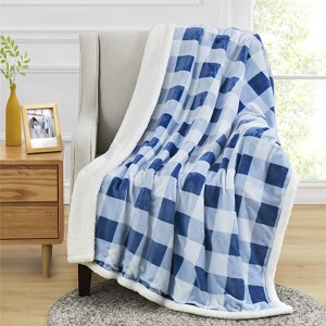 Голямо дебело карирано одеяло от шерпа (синьо и бяло, 50"x70") – Супер меко плюшено и голямо одеяло от микрофибър за диван, диван, стол, легло
