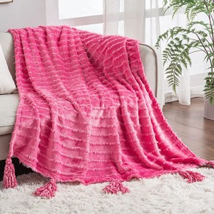 Exclusivo Mezcla mjuka slängfilt, stor fleecefilt, dekorativ tofs plysch täcke för soffa/soffa/säng, 50×60 tum, Hot Pink