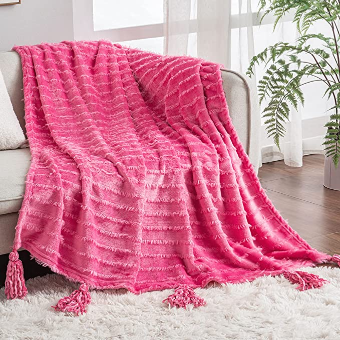 Exclusivo Mezcla 부드러운 담요, 대형 양털 퍼지 담요, 소파/소파/침대용 장식 술 봉제 담요, 50×60 인치, 핫 핑크