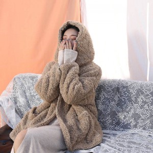 เกาหลีอบอุ่นหรูหราผู้ใหญ่เชอร์ปาชุดนอนสตรีมีฮู้ดสีธรรมดาชุดนอน