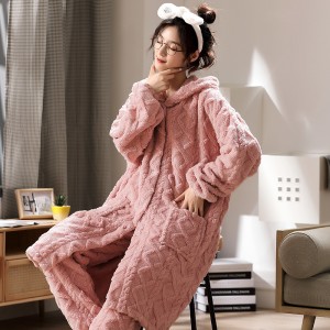 Toptan Pijama Kadın Flanel Kalınlaşmış Uzun Jakarlı Shu Velveteen Artı Boyutu Kapşonlu Ev Servis Takım Elbise