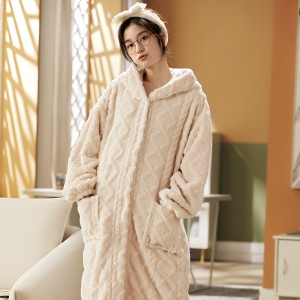Wholesale Pajamas Women's Flannel Thickened Long Jacquard Shu Velveteen Plus Size Hooded Home Service Suit