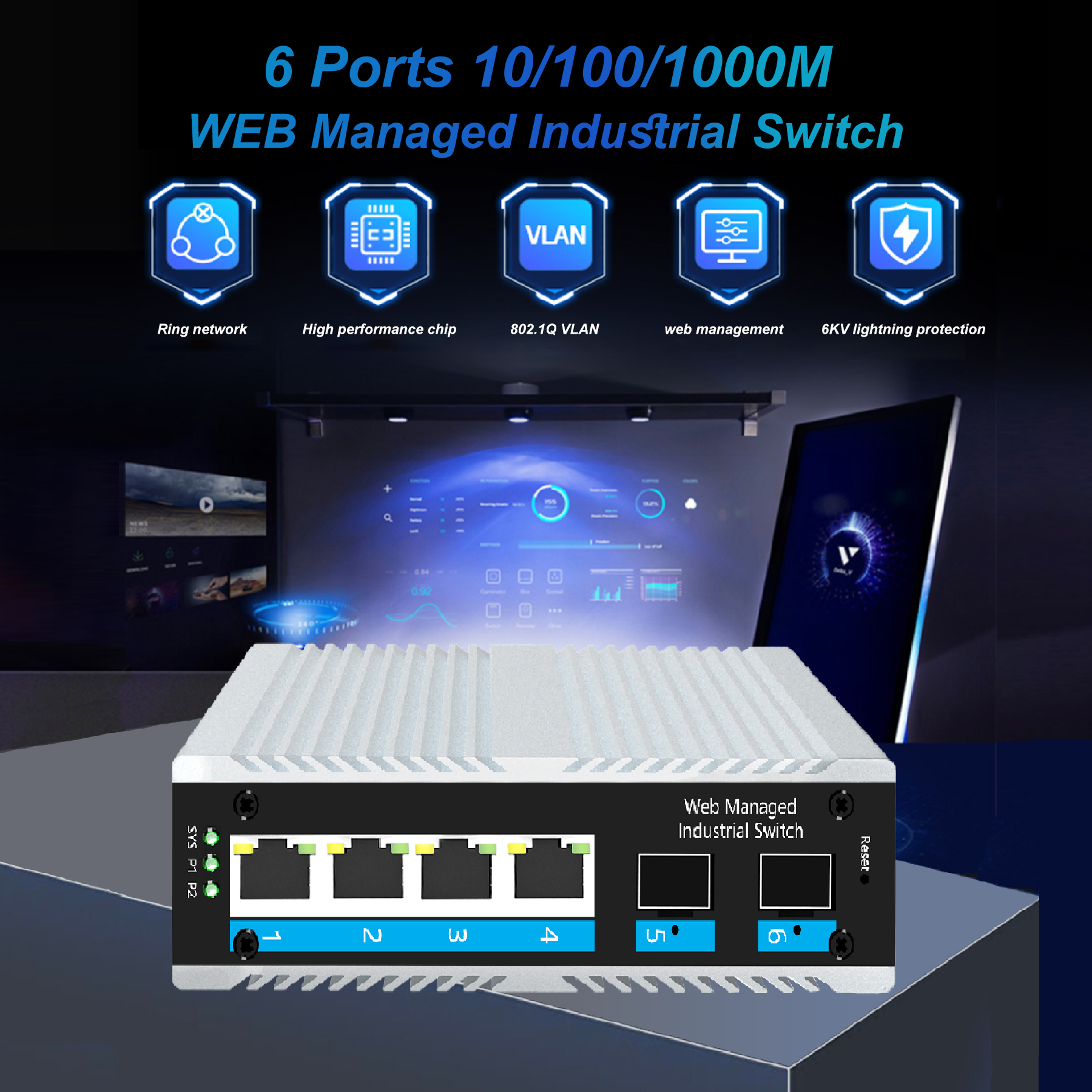 6-port 10/100M/1000M L2 WEB Managed Industrial Ethernet Switch multimode dual fiber