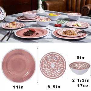 Conjunto de pratos de jantar de melamina de qualidade alimentar inquebrável com padrão de flor rosa atacado